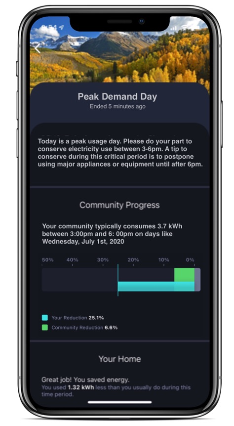 Smart phone showing Copper community progress comparison on a peak demand day.